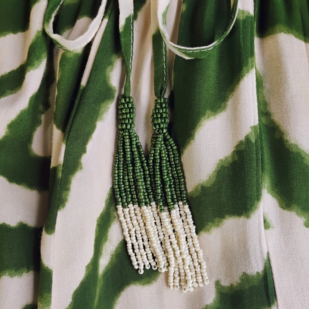 True Destinations Super Wide Leg Womens Medium Green Cream Palazzo Boho Tassels - Picture 4 of 12